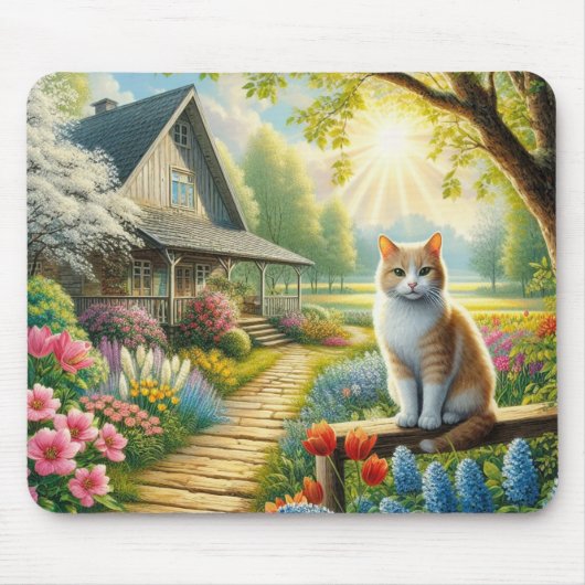 Frühlingserie Hütte/Garten & Katze Mousepad (Vorne)