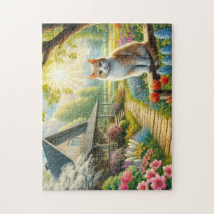 Frühlingserie Hütte/Garten & Katze Puzzle