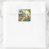 Frühlingserie Hütte/Garten & Katze Quadratischer Aufkleber (Tasche)