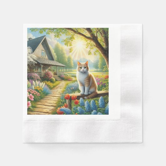 Frühlingserie Hütte/Garten & Katze Serviette (Vorderseite)