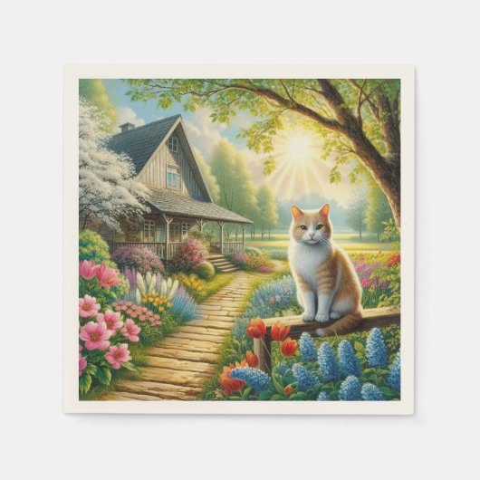Frühlingserie Hütte/Garten & Katze Serviette (Vorderseite)