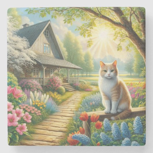 Frühlingserie Hütte/Garten & Katze Steinuntersetzer (Vorderseite)