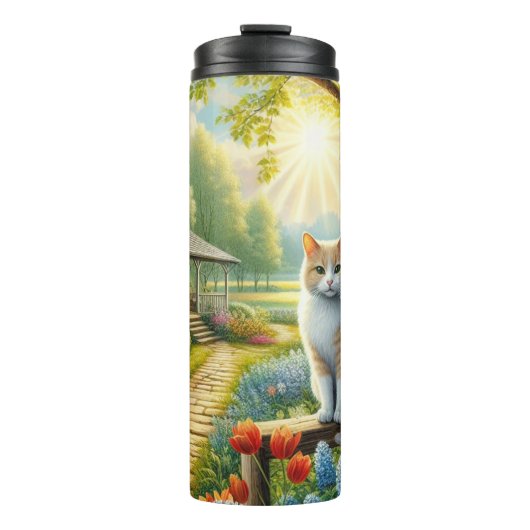Frühlingserie Hütte/Garten & Katze Thermosbecher (Vorderseite)