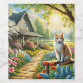 Frühlingserie Hütte/Garten & Katze Weinetikett (Einzelnes Label)