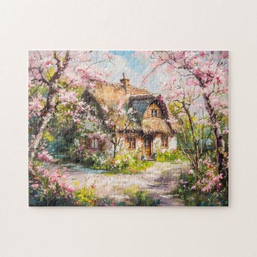 Frühlingserie Hütte mit blühenden Obstbäumen Puzzle (Horizontal)