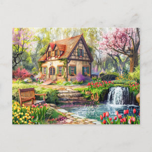 Frühlingserlebnis Hütte mit blühenden Tulpen Postkarte