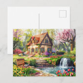Frühlingserlebnis Hütte mit blühenden Tulpen Postkarte (Vorne/Hinten)