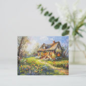 Frühlingserlebnis Hütte mit Tulpen Wildblume Wiese Postkarte (Stehend Vorderseite)