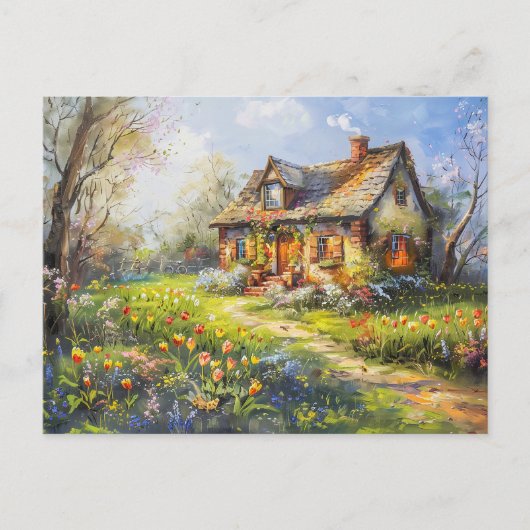 Frühlingserlebnis Hütte mit Tulpen Wildblume Wiese Postkarte (Vorderseite)