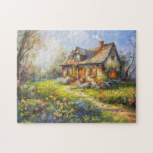 Frühlingserlebnis Hütte mit Tulpen Wildblume Wiese Puzzle (Horizontal)