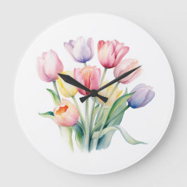 Frühlingserwachen - Wasserfarbene Tulissen Große Wanduhr