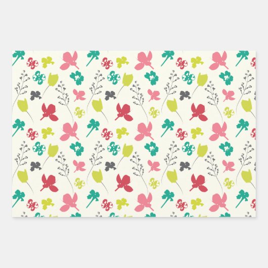 Frühlingsfarben florale Doodle Foliage Satin Ribbo Geschenkpapier Set (Vorderseite)