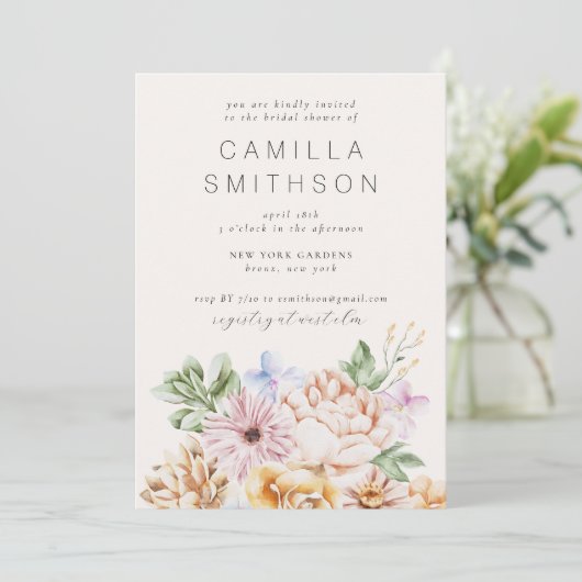 Frühlingsfarbene Blume Brautparty Blush Garden Einladung (Stehend Vorderseite)