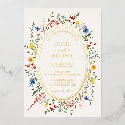 Frühlingsfarbenfrohe Wildblumen Garten Hochzeit Folieneinladung (Vorderseite)