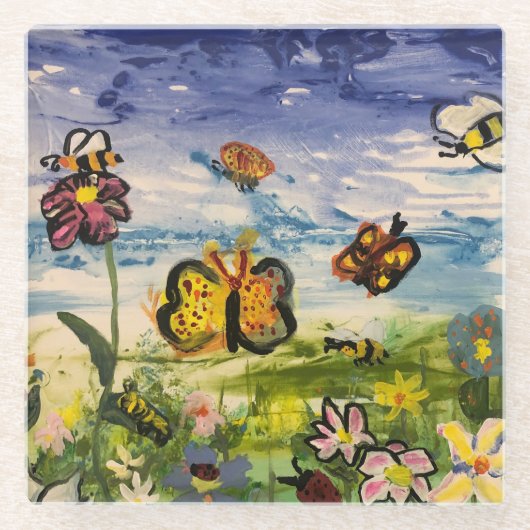 Frühlingsfarbige Schmetterlinge Wildblumen Glasuntersetzer (Vorderseite)