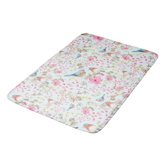 Frühlingsfarbige Vögel und Blume Badematte (Schrägansicht)