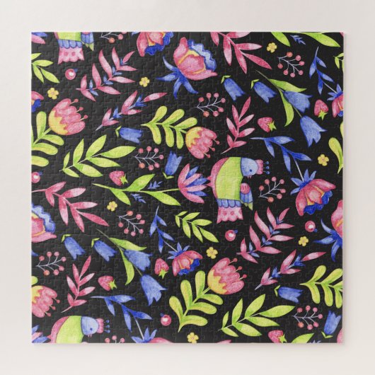 Frühlingsfloral: Aquarellfarben Nahtloses Muster Puzzle (Horizontal)