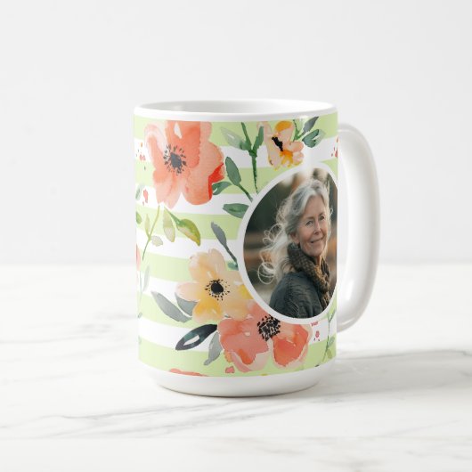 Frühlingsfloral | Grünstreifen | Foto der Mutter Kaffeetasse (VorderseiteRechts)