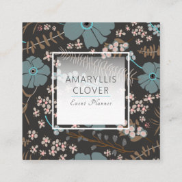 Frühlingsfloral Mix Aquamarin rosa grau auf schwar Quadratische Visitenkarte