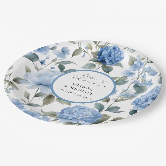 Frühlingsfloral Modernes Elegantes Blau bei weißer Pappteller (Schrägansicht)