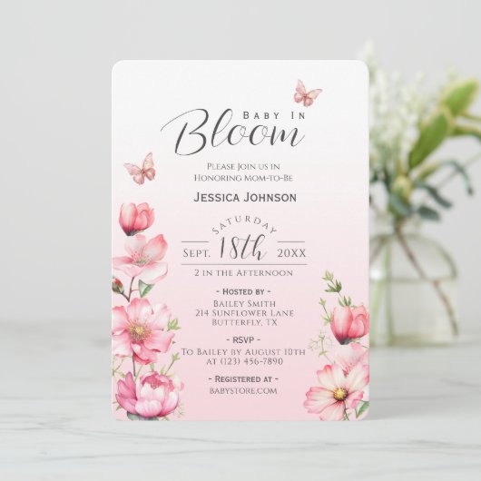 Frühlingsfloral Pink Baby in Bloom Girl Babydusche Einladung (Stehend Vorderseite)