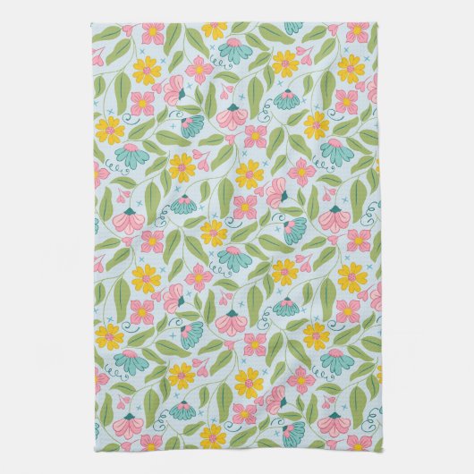 Frühlingsflorale Muster auf Light Blue Geschirrtuch (Vertikal)
