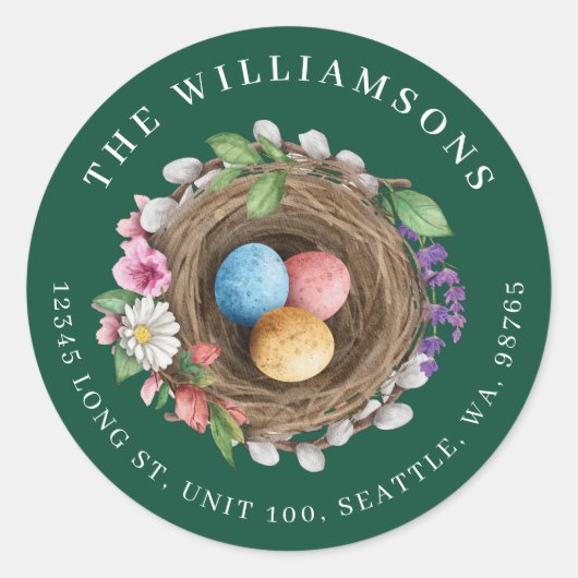 Frühlingsflorale Vogelnest & gestrichene Eier Grün Runder Aufkleber (Vorderseite)