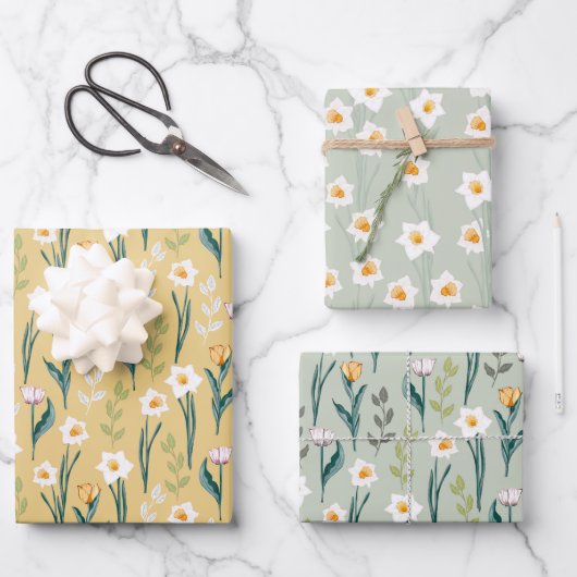 Frühlingsflorendrüdel und Tulip Muster Geschenkpapier Set (Vorderseite)