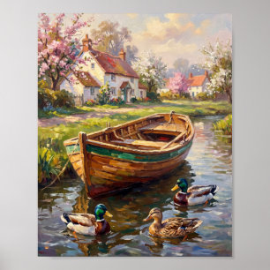 Frühlingsflussruderboot-Ölgemälde Poster