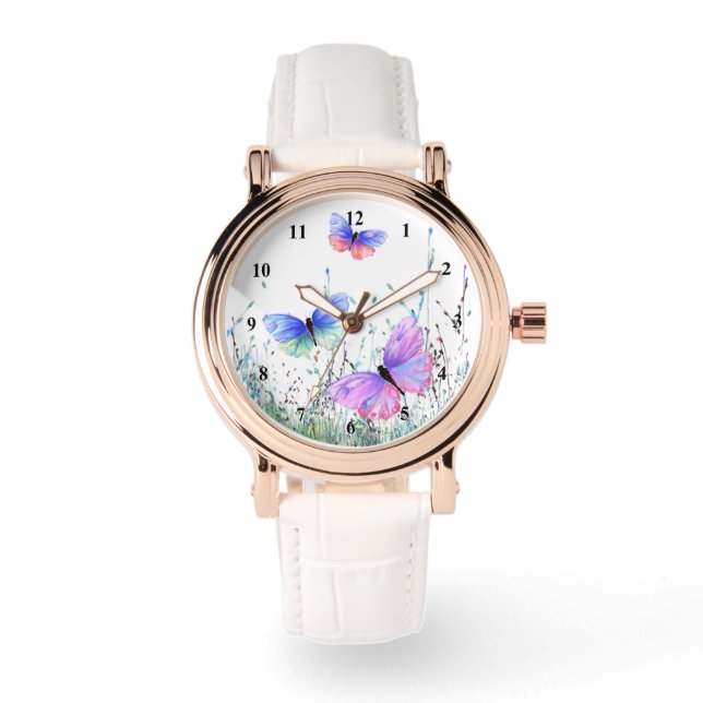 Frühlingsfreude Fliegen farbenfrohe Schmetterlinge Armbanduhr (Vorderseite)