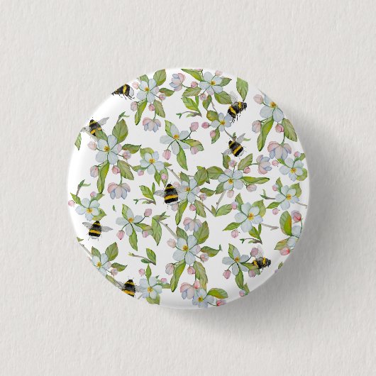 Frühlingsgarten blüht und Hummeln Button (Vorderseite)