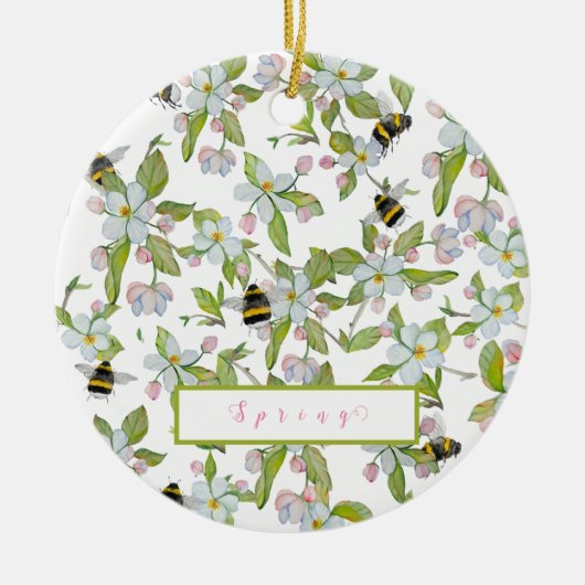 Frühlingsgarten blüht und Hummeln Keramik Ornament (Vorne)