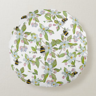 Frühlingsgarten blüht und Hummeln Rundes Kissen