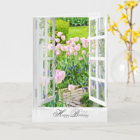 Frühlingsgarten mit rosa Tulpen Karte (Gelbe Blume)