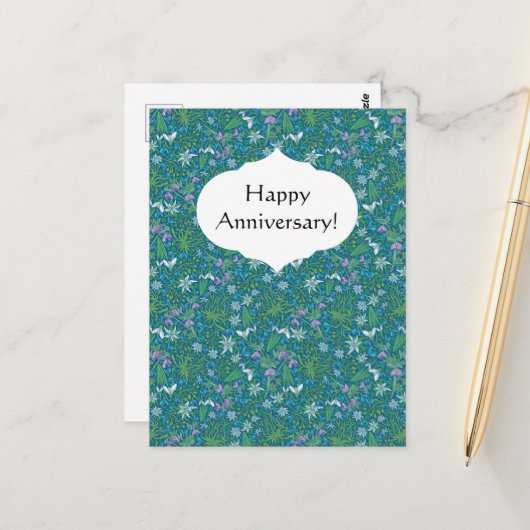 Frühlingsgarten Muttertag Blau Lila Weiß Postkarte (Vorderseite/Rückseite Beispiel)