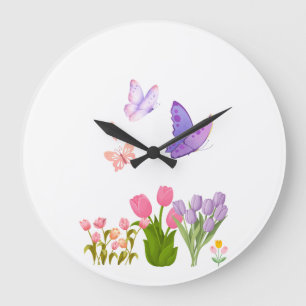 Frühlingsgarten Schmetterling Wanduhr – Rosa Tulpe
