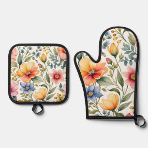 Frühlingsgarten-Symphonie - Wasserfarben-Wildblume Ofenhandschuh & Topflappen-Set