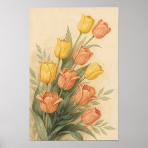 Frühlingsgarten-Tulpen und Korallenblüten Poster