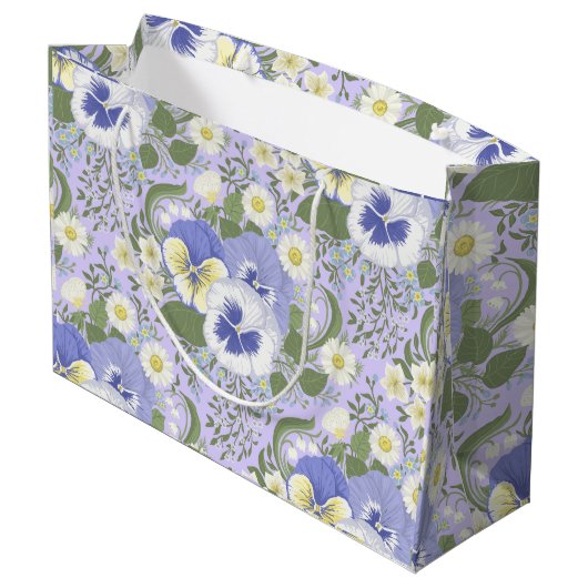 Frühlingsgartenblumen auf Lavendel Große Geschenktüte (Rückseite Schrägansicht)