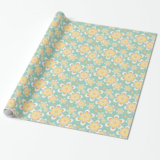 Frühlingsgelbe Blumen auf Grün Geschenkpapier (Ungerollt)