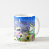 Frühlingsgelbe Blumengarten Schmetterlinge Blauer  Kaffeetasse (VorderseiteRechts)