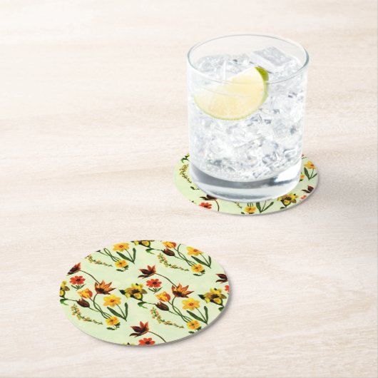 Frühlingsgras Gelbe Wildblumen Aquarell Runder Pappuntersetzer (Vor Ort)