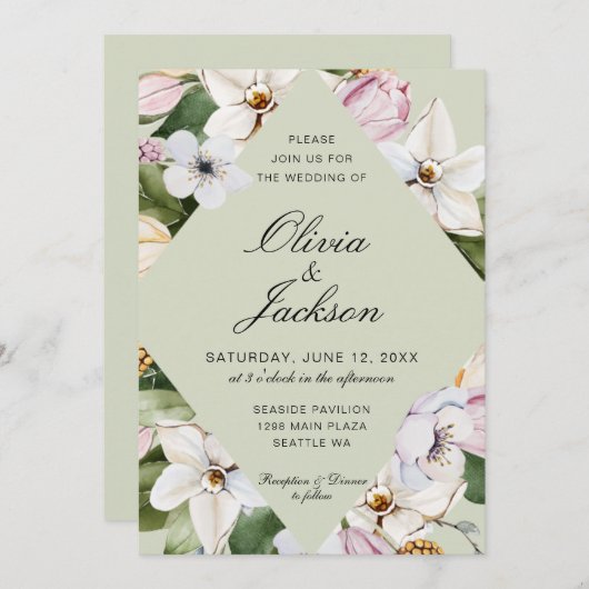 Frühlingsgrün | Pink Tulip Daffodil Bloral Wedding Einladung (Vorne/Hinten)