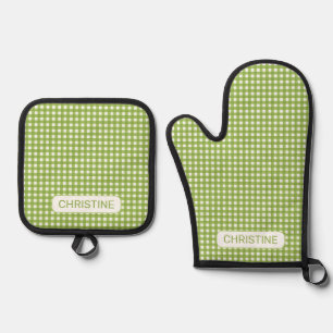 Frühlingshaft grüner Gingham Ofenhandschuh & Topflappen-Set