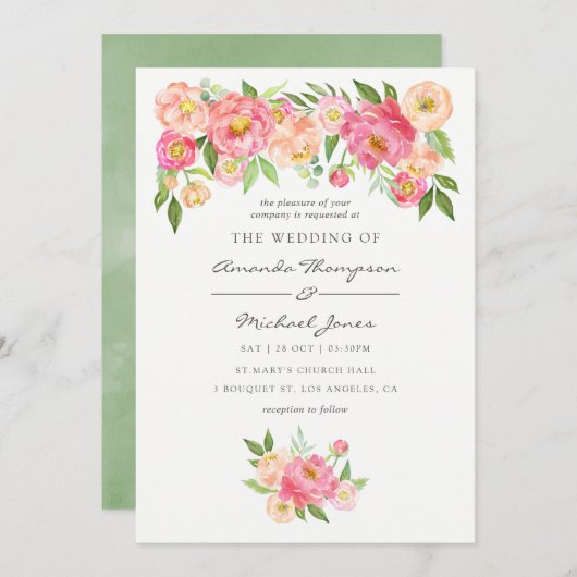Frühlingshafte Peonies Hochzeitsfeiern Einladung (Vorne/Hinten)