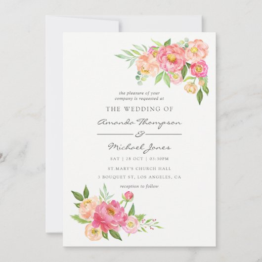 Frühlingshafte Peonies Hochzeitsfeiern Einladung (Vorderseite)