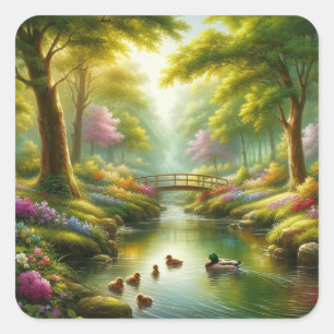 Frühlingshai mit Enten/Blume Quadratischer Aufkleber