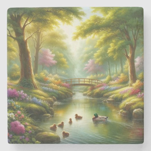 Frühlingshai mit Enten/Blume Steinuntersetzer (Vorderseite)