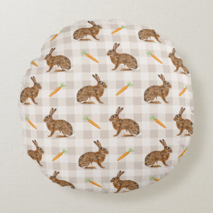Frühlingshase und Karotte Rustikal Beige Gingham O Rundes Kissen