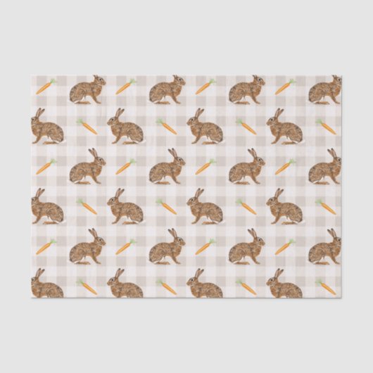 Frühlingshase und Karotten Beige Gingham Ostern Seidenpapier (Vorderseite)